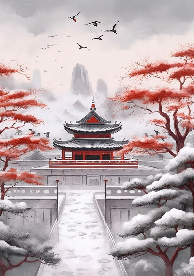 二十四节气大雪庭院积雪水墨插画,插画/手绘图,插画/手绘图库,插画/手绘图下载,插画/手绘